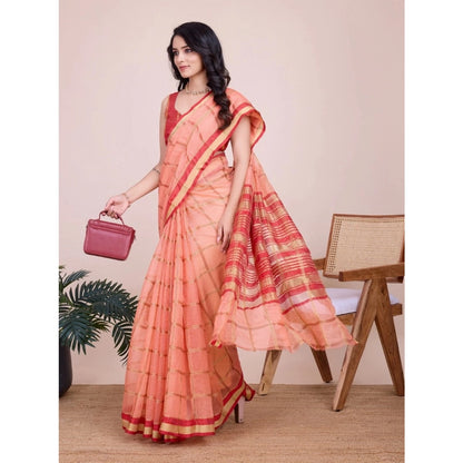 Generic Women's Cotton Silk Checkered Kota Doria Saree With Unstitched Blouse (5.5Mtr, Peach)