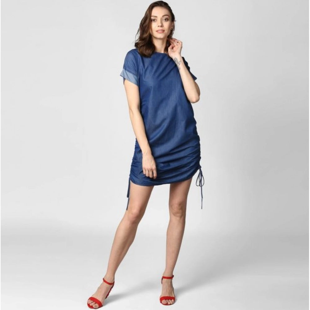 Generic Women's Denim Solid Close Neck Short Sleeve Dress (Blue)