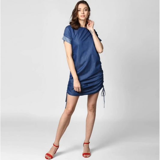 Generic Women's Denim Solid Close Neck Short Sleeve Dress (Blue)