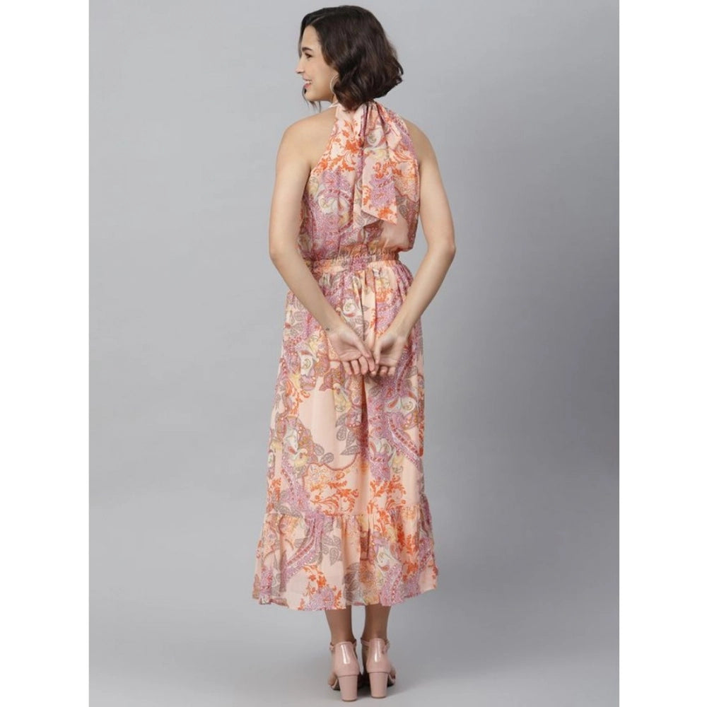 Generic Women's Polyester Maxi Halter Neck Sleeveless Dress (Peach)