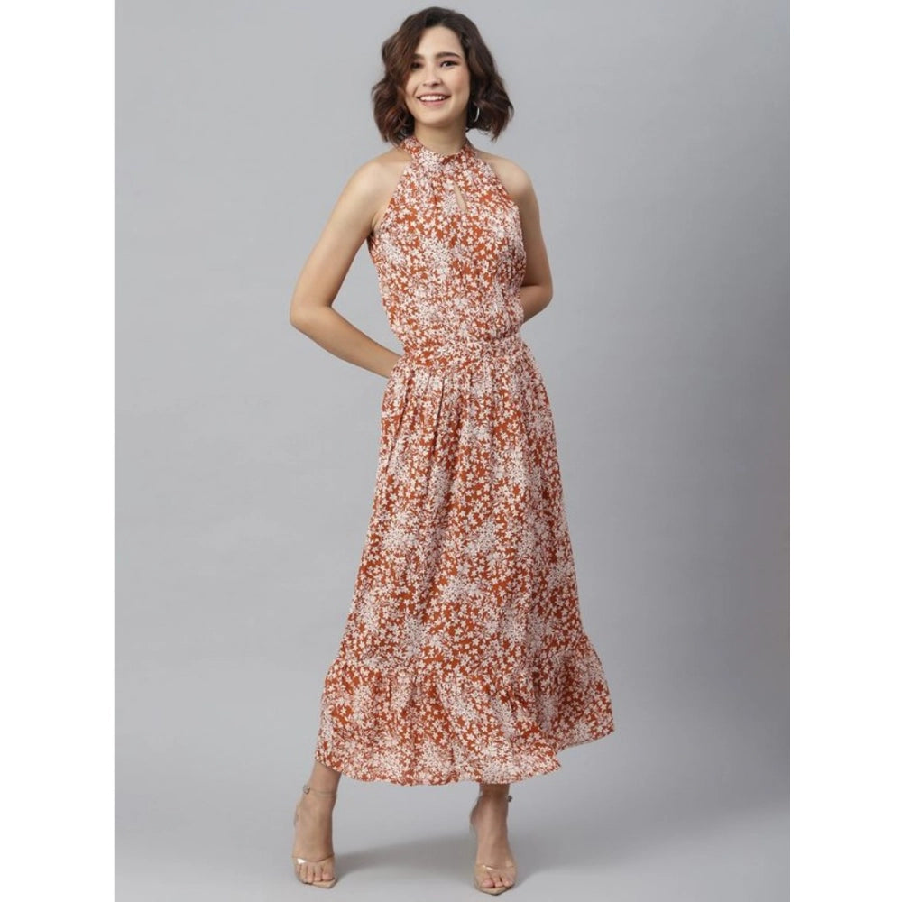 Generic Women's Polyester Printed Halter Neck Sleeveless Dress (Rust)