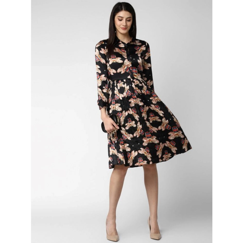 Generic Women's Polyester Pleated Collar Neck Long Sleeves Dress (Black)