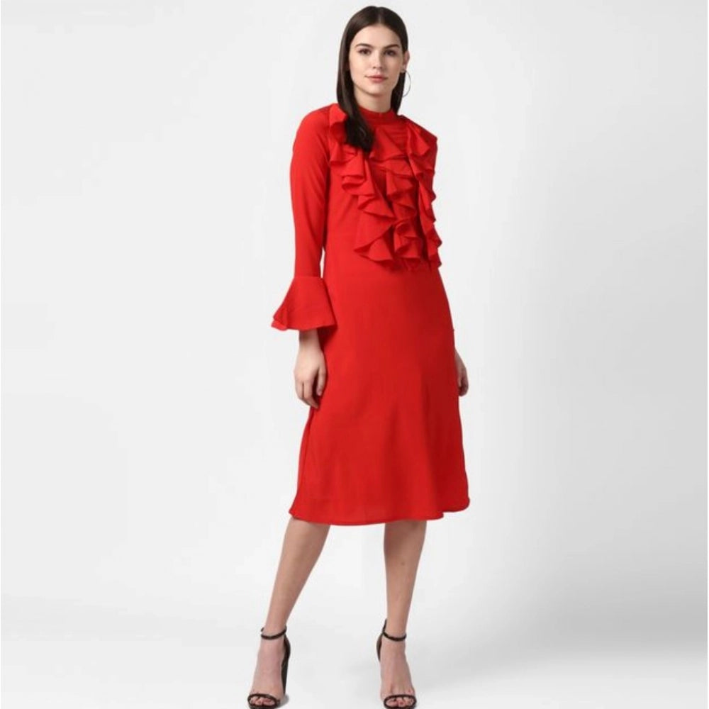 Generic Women's Polyester Ruffled Close Neck Long Sleeves Dress (Red)