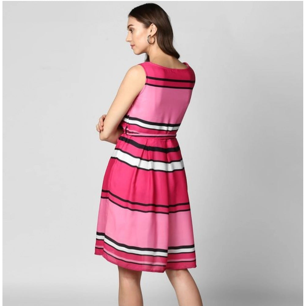 Generic Women's Polyester Striped Close Neck Sleeveless Dress (Pink)