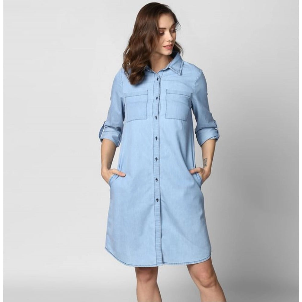 Generic Women's Denim Solid Collar Neck Roll Up Sleeve Dress (Blue)