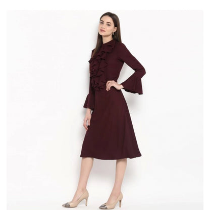 Generic Women's Polyester Ruffled Close Neck Bell Sleeve Dress (Maroon)