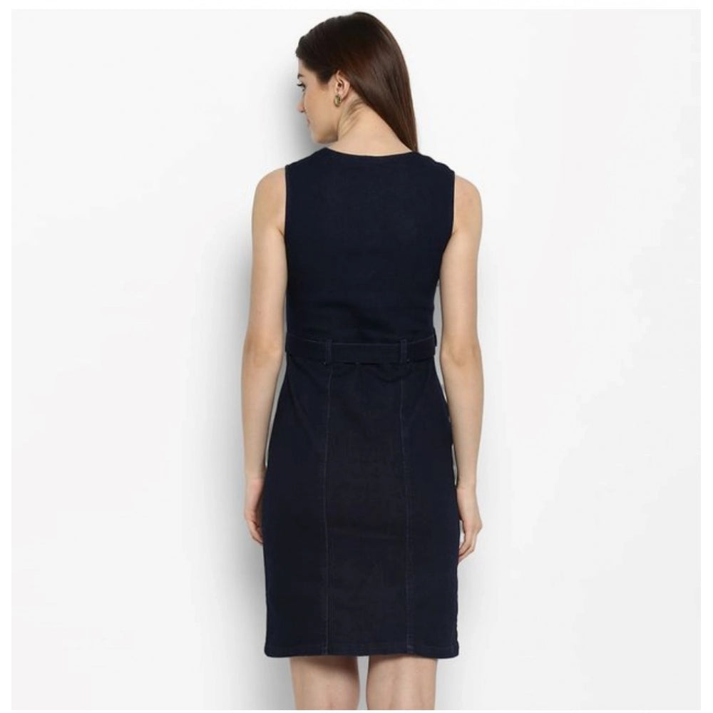 Generic Women's Denim Solid Square Neck Sleeveless Dress (Blue)