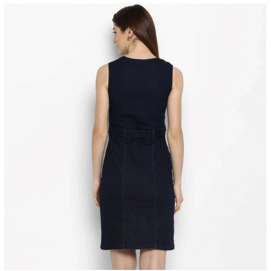 Generic Women's Denim Solid Square Neck Sleeveless Dress (Blue)