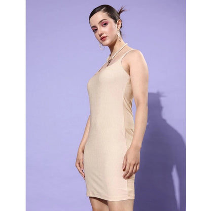 Generic Women's Polyester Lycra Embellished Square Neck Sleeveless Dress (Gold)