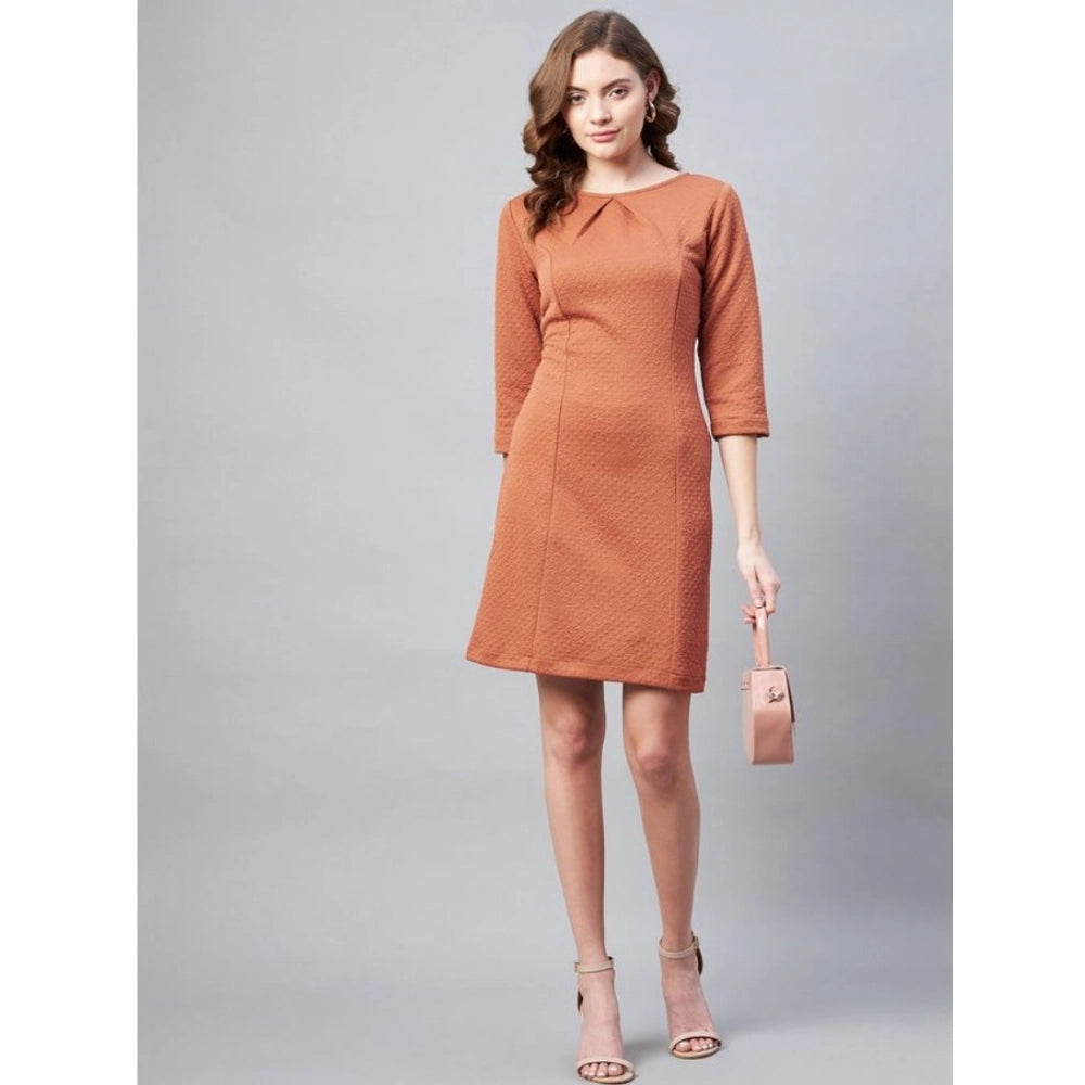 Generic Women's Polyester Jacquard Self Design Round Neck 3/4th Sleeves Dress (Rust)