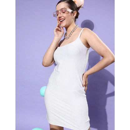 Generic Women's Polyester Lycra Embellished Square Neck Sleeveless Dress (Silver)