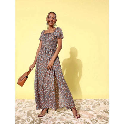 Generic Women's Polyester Moss Floral Square Neck Puff Sleeve Dress (Multicolor)