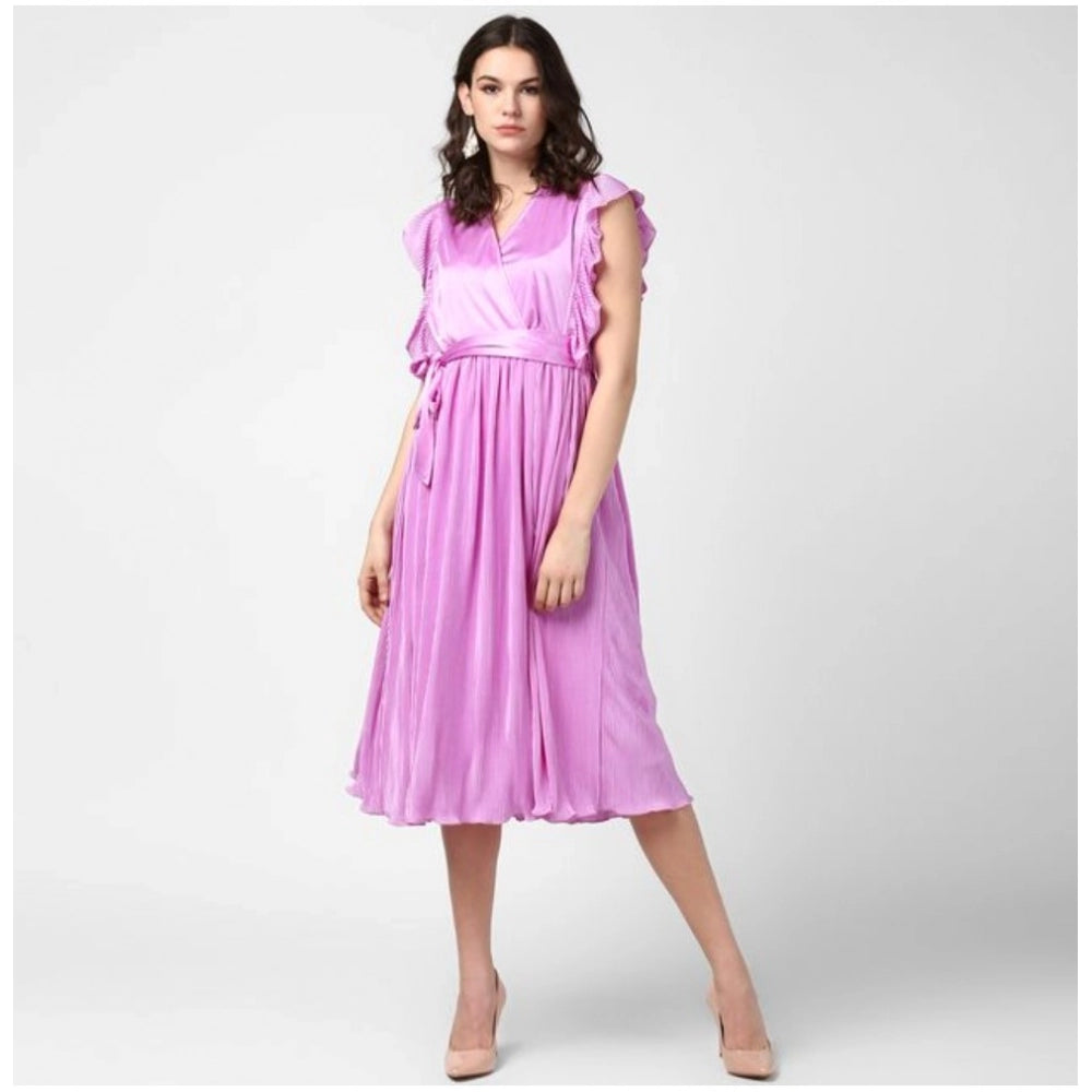 Generic Women's Polyester Pleated V-Neck Flutter Dress (Lavender)