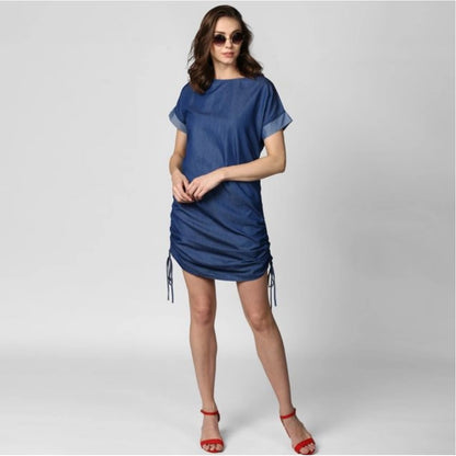 Generic Women's Denim Solid Close Neck Short Sleeve Dress (Blue)