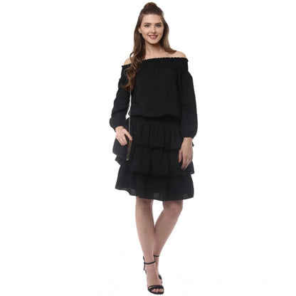 Generic Women's Polyester Moss Solid Off-Shoulder Long Sleeves Dress (Black)