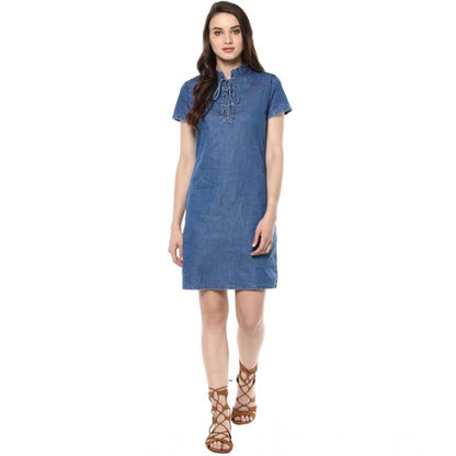 Generic Women's Denim Solid Tie-Up Neck Short Sleeve Dress (Blue)