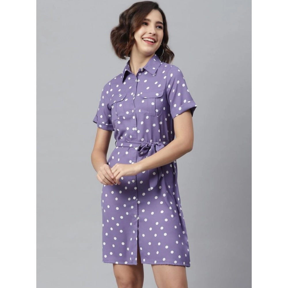 Generic Women's Polyester Polka Collar Neck Short Sleeve Dress (Lavender)