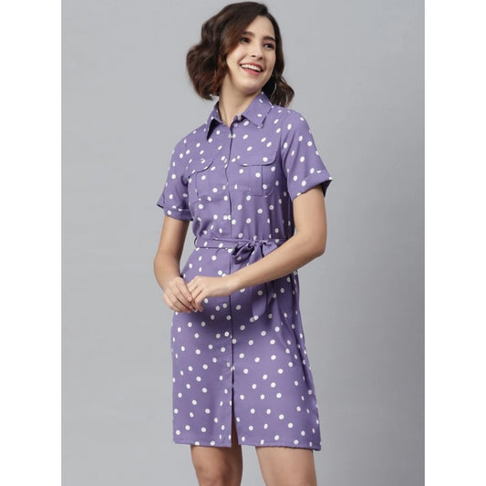Generic Women's Polyester Polka Collar Neck Short Sleeve Dress (Lavender)