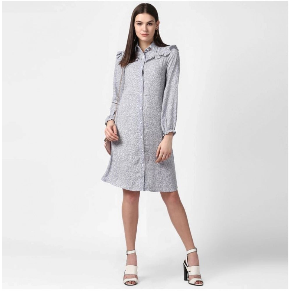 Generic Women's Polyester Floral Collar Neck Long Sleeves Dress (Blue)