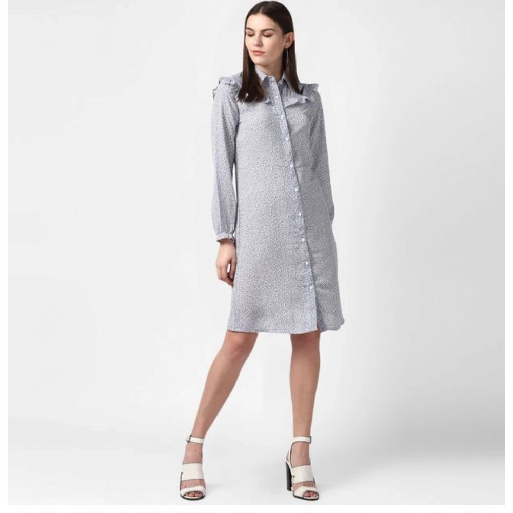 Generic Women's Polyester Floral Collar Neck Long Sleeves Dress (Blue)