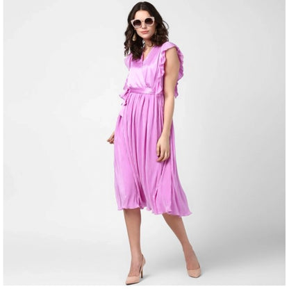 Generic Women's Polyester Pleated V-Neck Flutter Dress (Lavender)