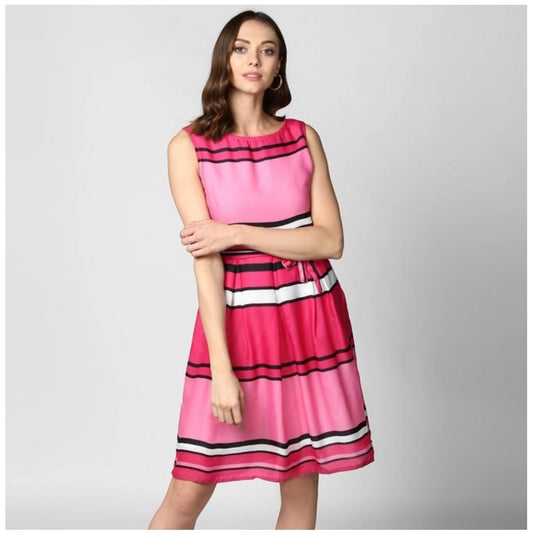 Generic Women's Polyester Striped Close Neck Sleeveless Dress (Pink)