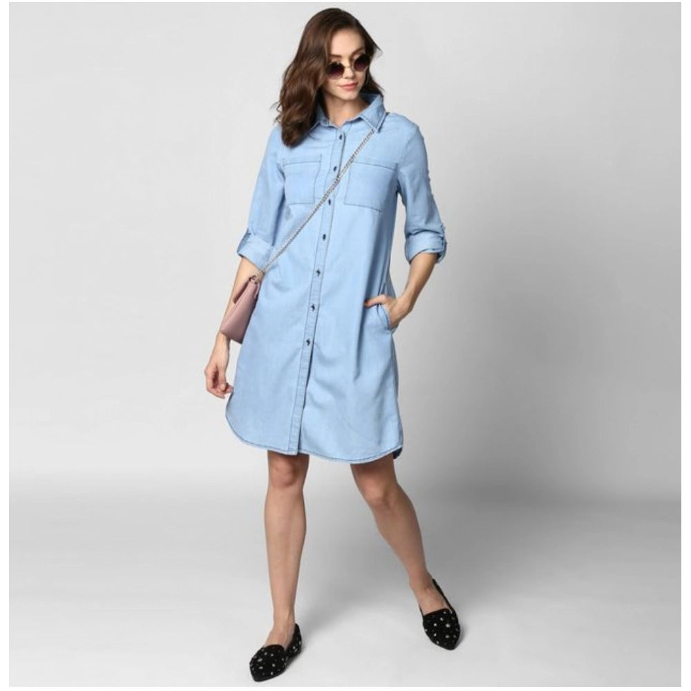 Generic Women's Denim Solid Collar Neck Roll Up Sleeve Dress (Blue)