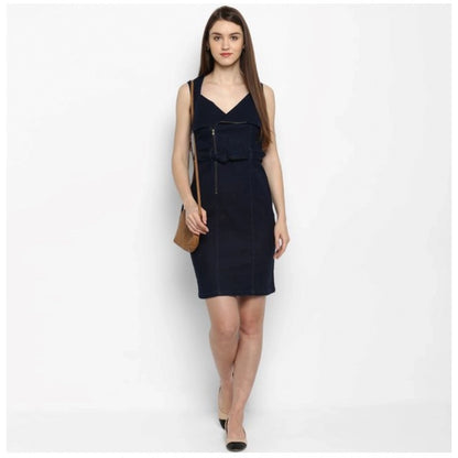 Generic Women's Denim Solid Square Neck Sleeveless Dress (Blue)