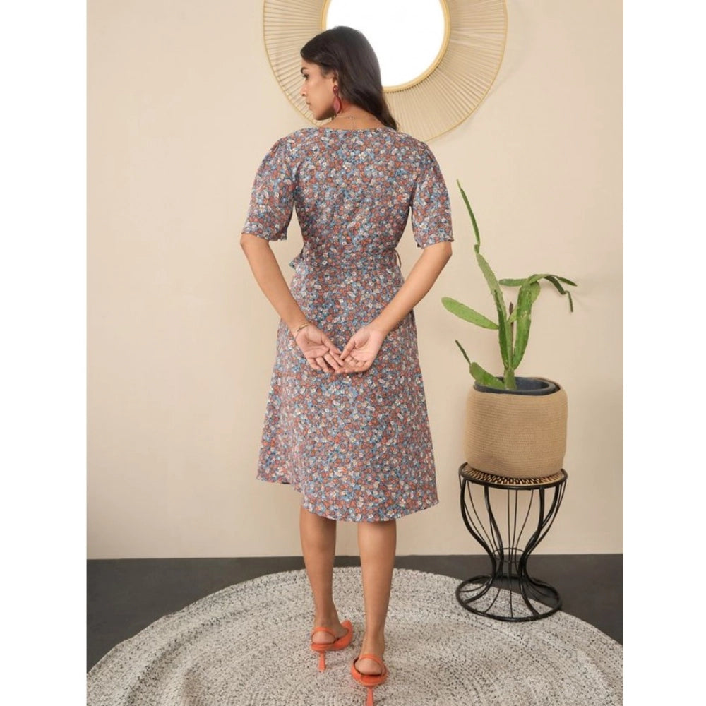 Generic Women's Polyester Moss Floral V-Neck Bell Sleeve Dress (Grey)