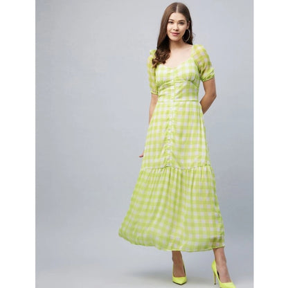 Generic Women's Polyester-Cotton Blend Checkered Square Neck Half Sleeve Dress (Lime Green)