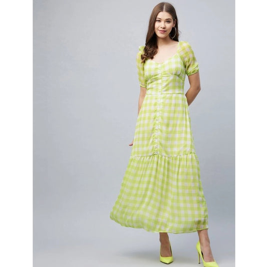 Generic Women's Polyester-Cotton Blend Checkered Square Neck Half Sleeve Dress (Lime Green)