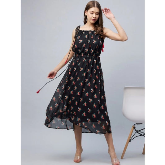 Generic Women's Chiffon Floral Square Neck Sleeveless Dress (Black)
