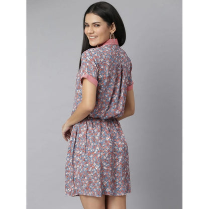 Generic Women's Polyester Moss Floral Collar Neck Short Sleeve Dress (Grey-Red)