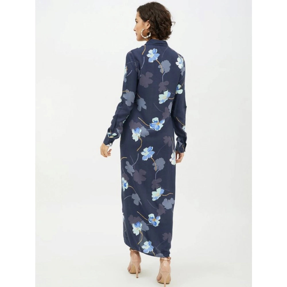 Generic Women's Rayon Floral Collar Neck Long Sleeves Dress (Blue)