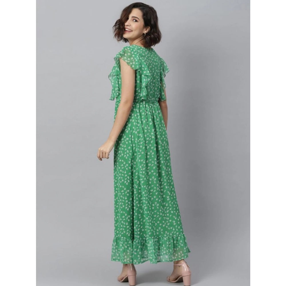 Generic Women's Polyester Floral Round Neck Short Sleeve Dress (Green)