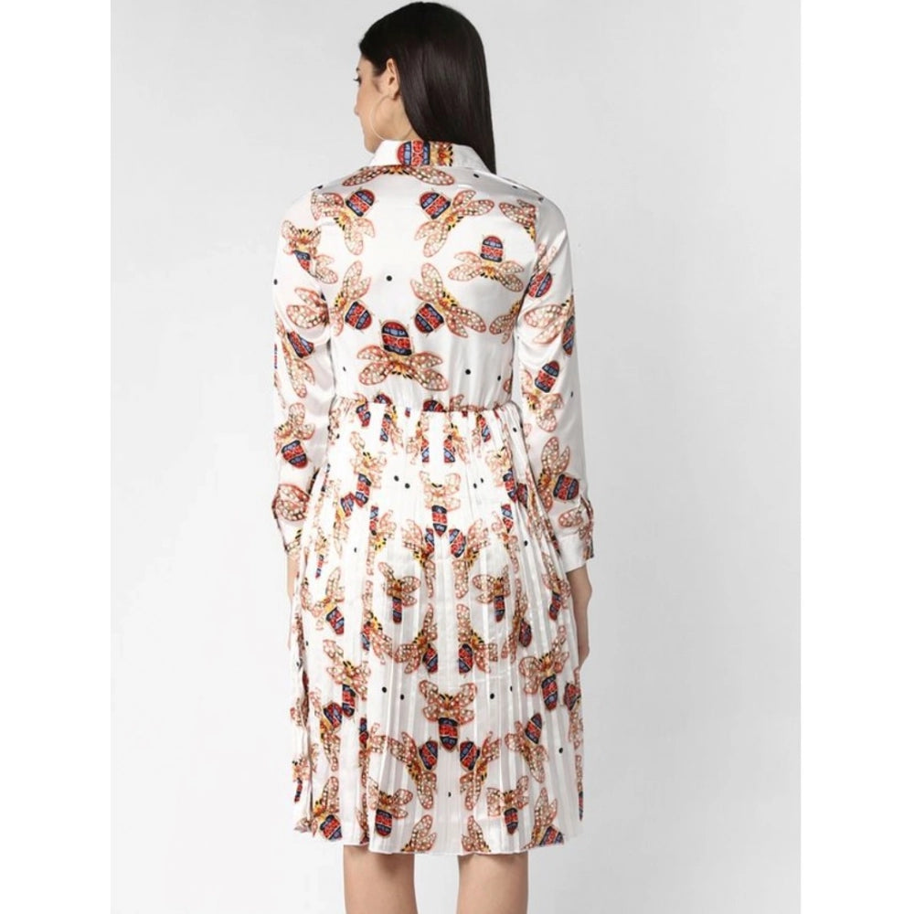 Generic Women's Polyester Pleated Collar Neck Long Sleeves Dress (White)