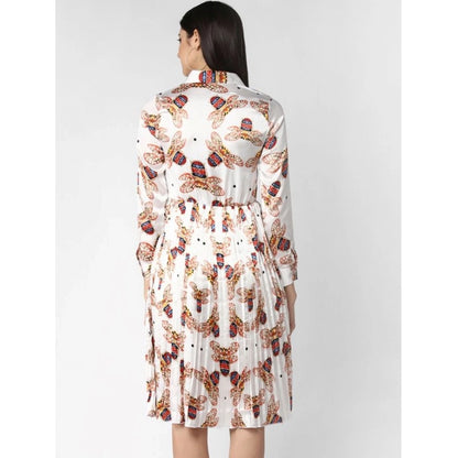 Generic Women's Polyester Pleated Collar Neck Long Sleeves Dress (White)