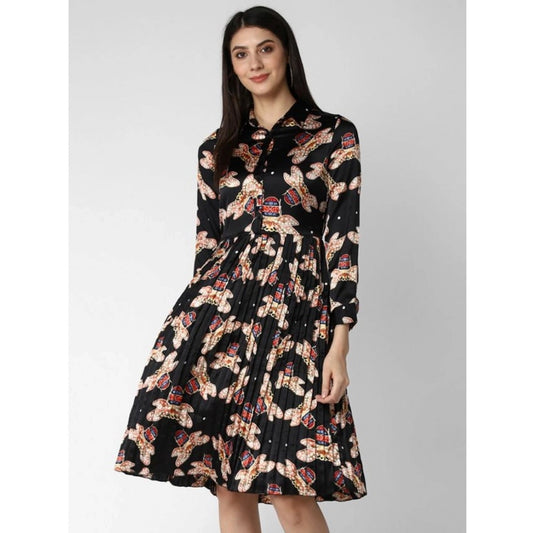 Generic Women's Polyester Pleated Collar Neck Long Sleeves Dress (Black)