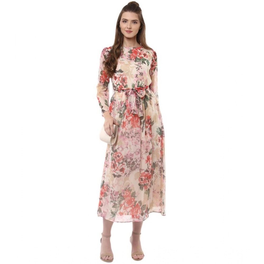 Generic Women's Chiffon Floral Round Neck Long Sleeves Dress (Multicolor)