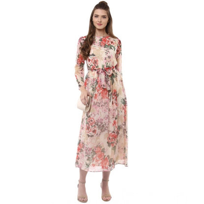 Generic Women's Chiffon Floral Round Neck Long Sleeves Dress (Multicolor)