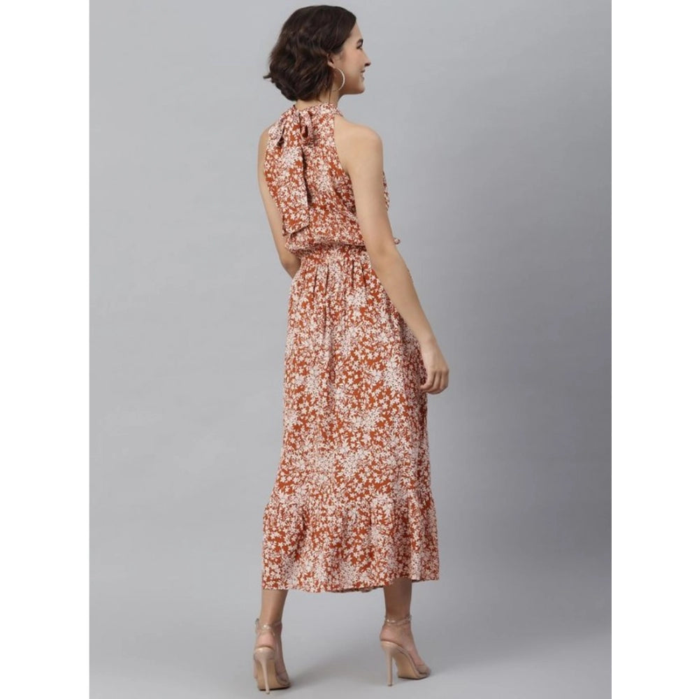 Generic Women's Polyester Printed Halter Neck Sleeveless Dress (Rust)