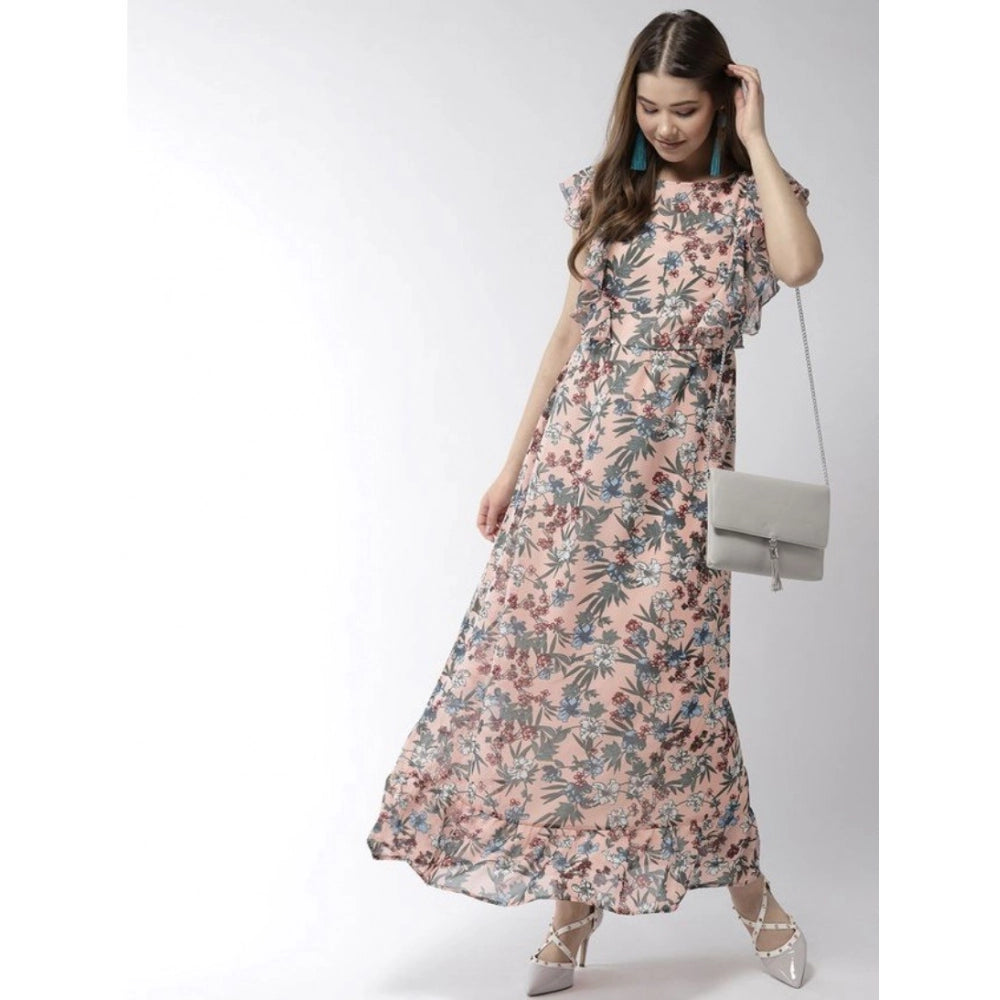 Generic Women's Polyester Floral Round Neck Flutter Dress (Multicolor)