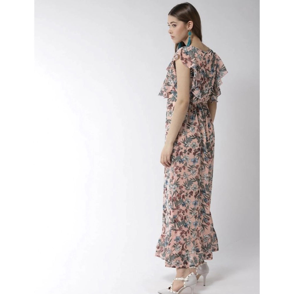 Generic Women's Polyester Floral Round Neck Flutter Dress (Multicolor)