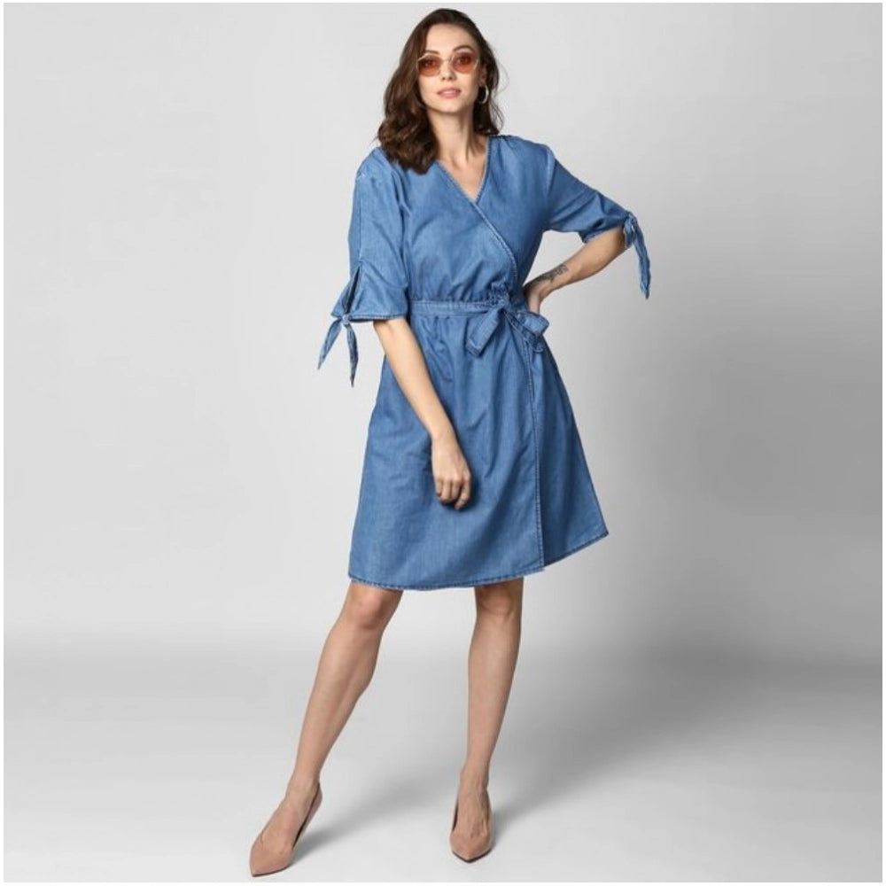 Generic Women's Denim Solid V-Neck Tie Ups Dress (Blue)