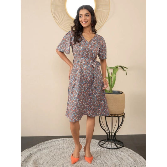 Generic Women's Polyester Moss Floral V-Neck Bell Sleeve Dress (Grey)