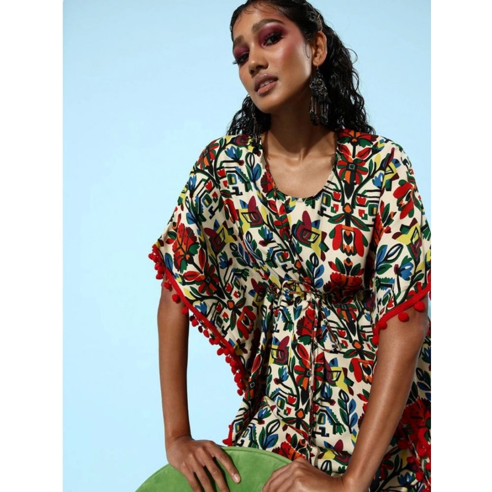 Generic Women's Polyester Moss Printed Round Neck Kaftan Sleeve Dress (Multicolor)