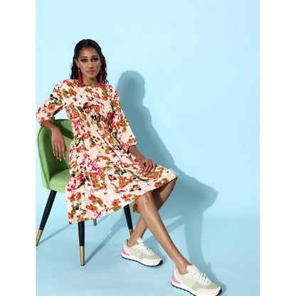 Generic Women's Polyester Moss Polka Round Neck 3/4th Sleeves Dress (Multicolor)