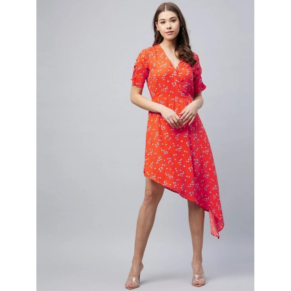 Generic Women's Polyester Floral V-Neck Short Sleeve Dress (Orange)