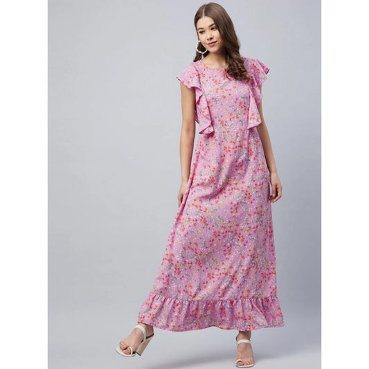 Generic Women's Polyester Floral Round Neck Flutter Dress (Lavender)