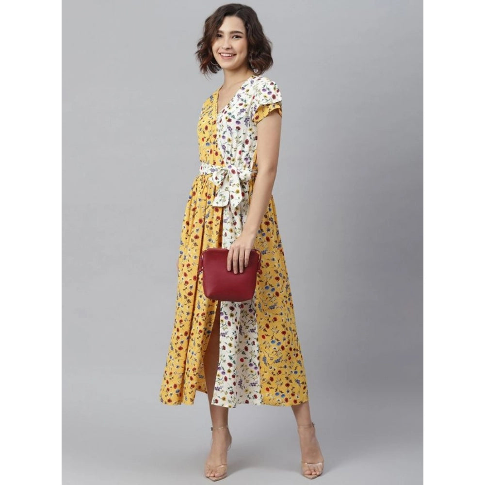 Generic Women's Polyester Floral V-Neck Short Sleeve Dress (Yellow-White)